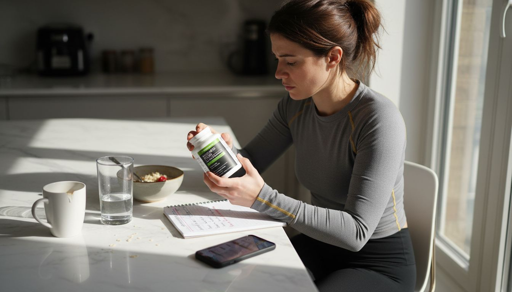 Athlete reading supplement label in kitchen