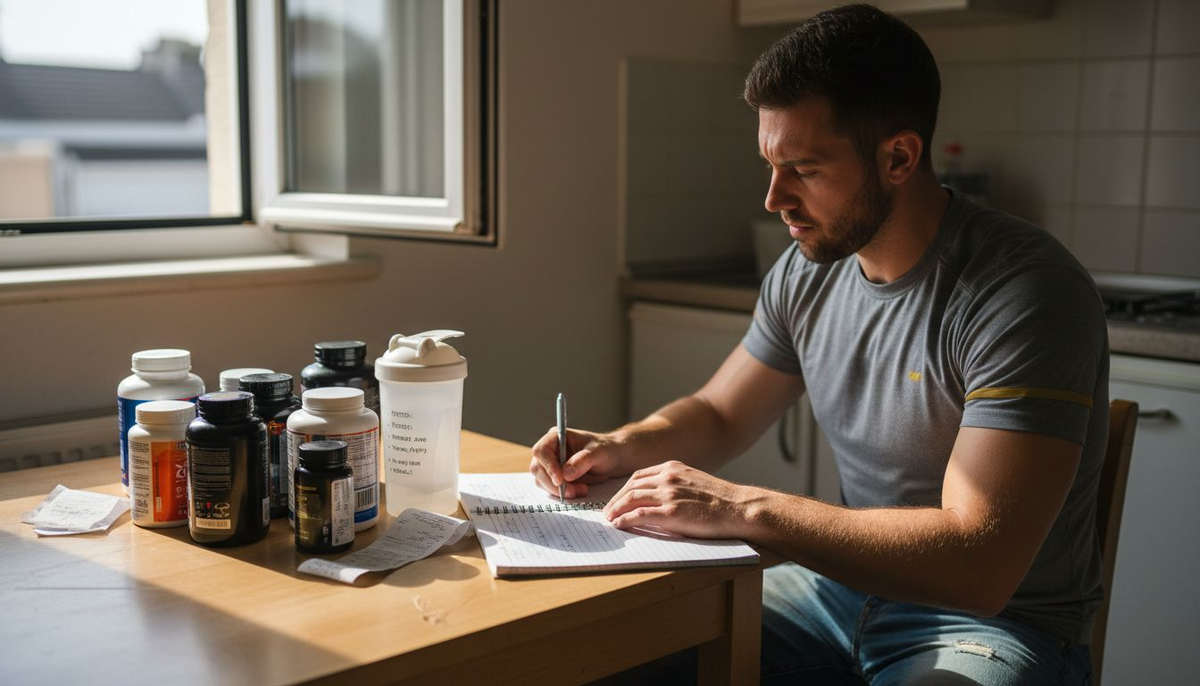 Man planning supplement stack in kitchen
