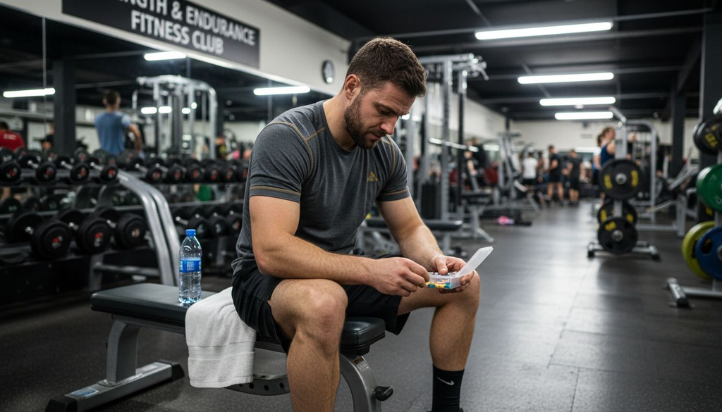 UK athlete preparing vitamin supplements in gym