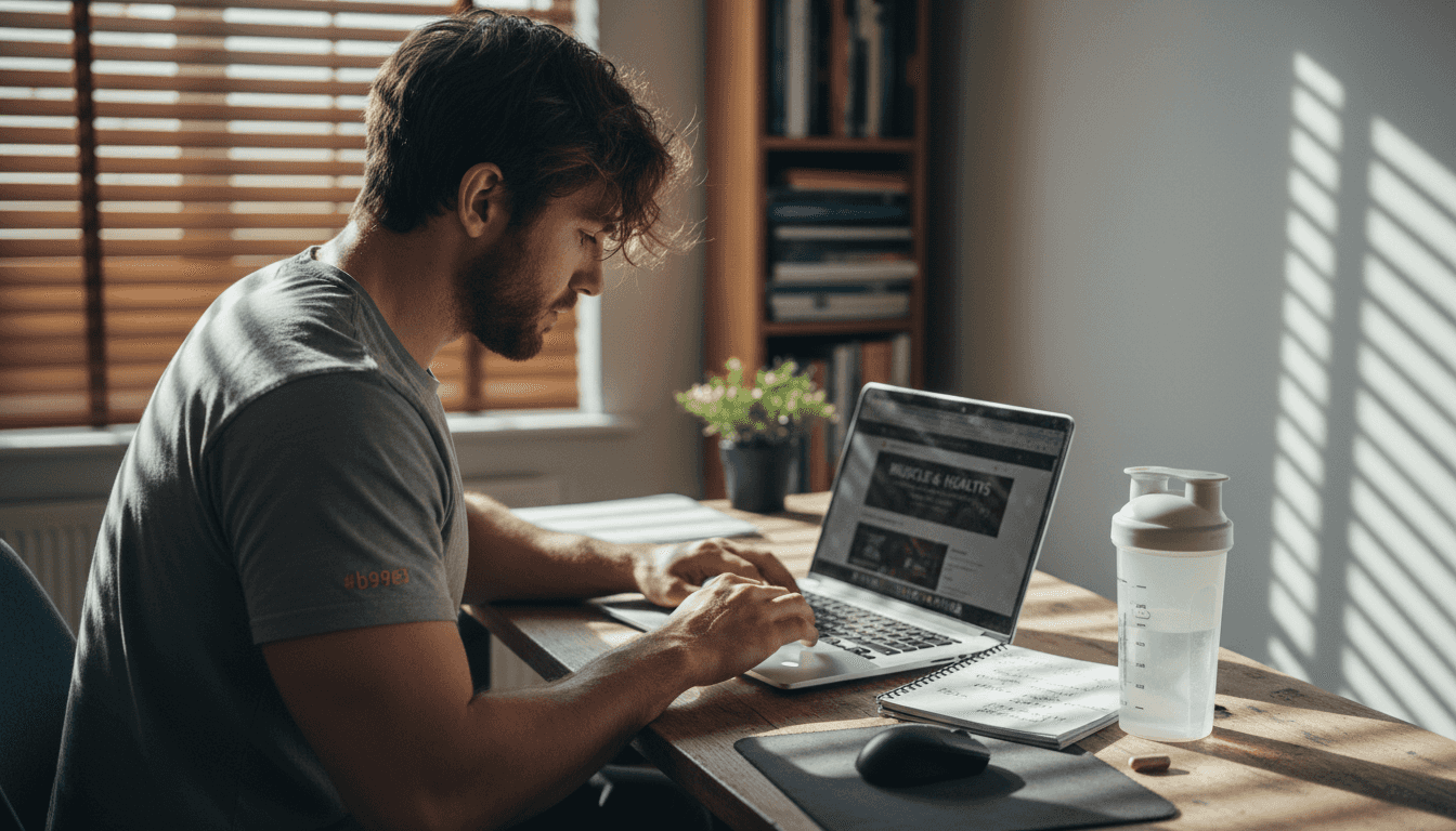 Man reading supplement reviews at cluttered desk