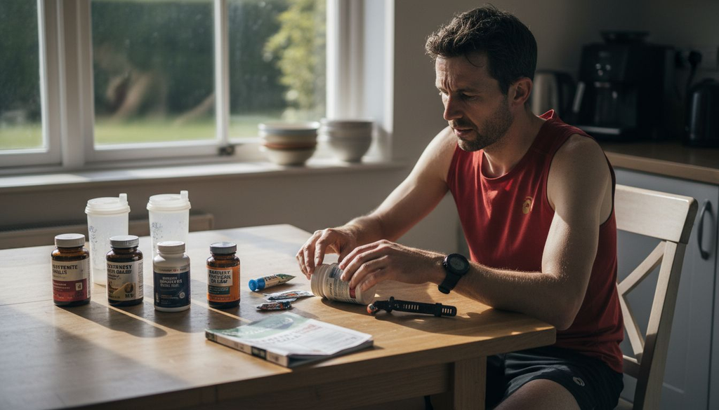 Runner sorting endurance supplements at kitchen table