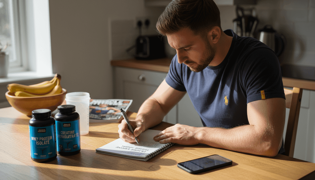 Athlete comparing supplements and writing notes