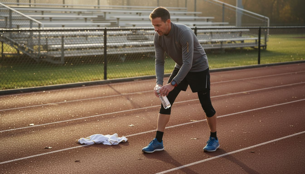 Athlete stretching with collagen supplement at track