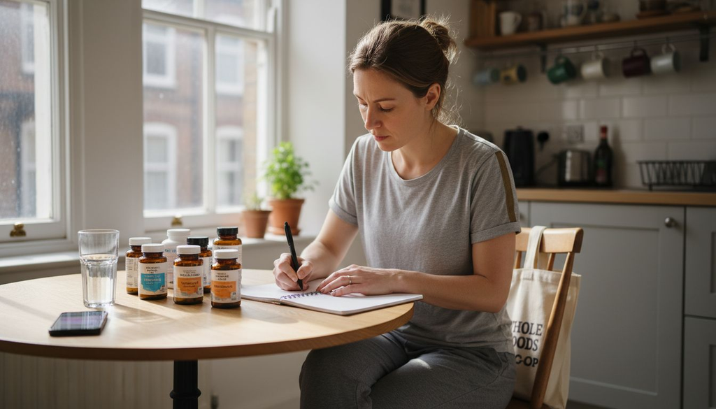 Woman organizing supplements on kitchen table