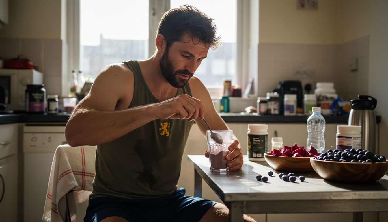 Athlete preparing natural supplement in apartment