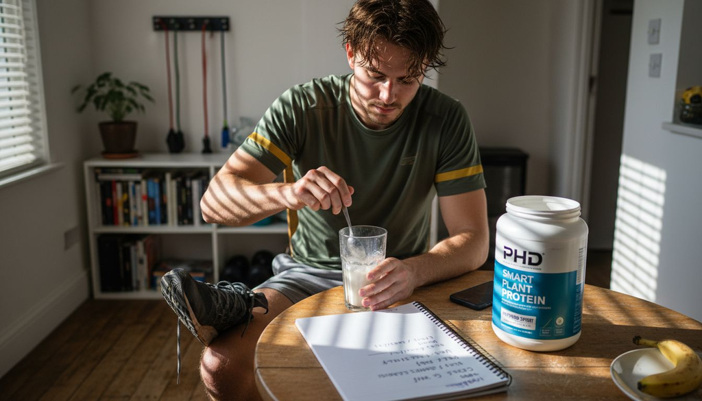 Beginner mixing protein powder at kitchen table