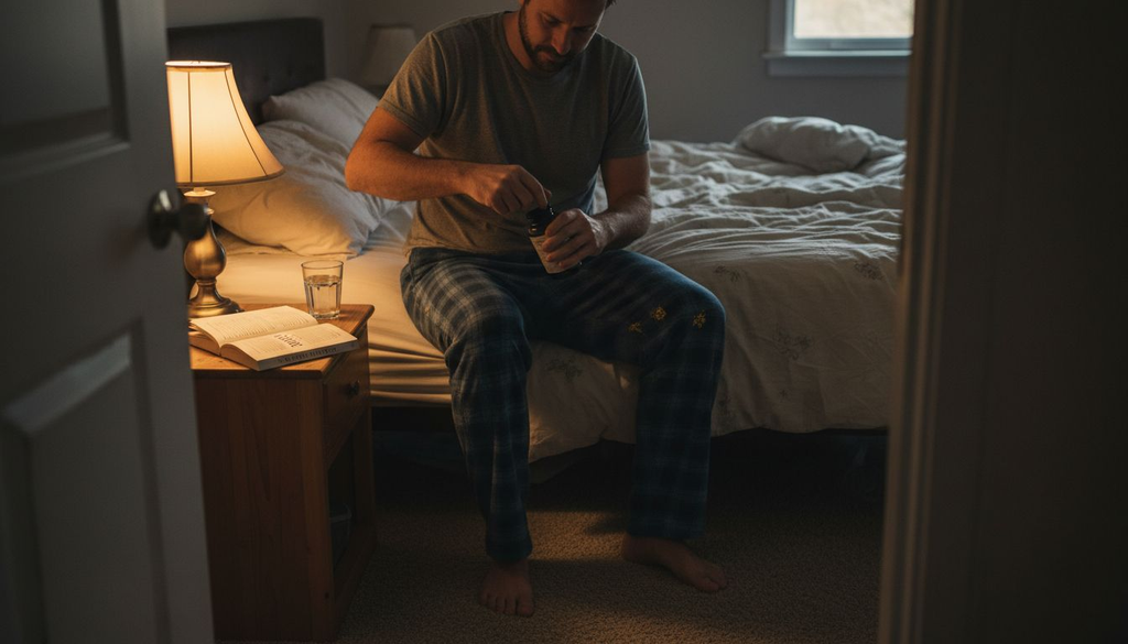Man preparing to take sleep supplement at bedtime