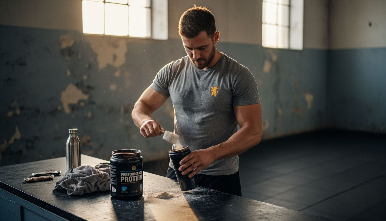 Athlete mixing muscle recovery drink at gym