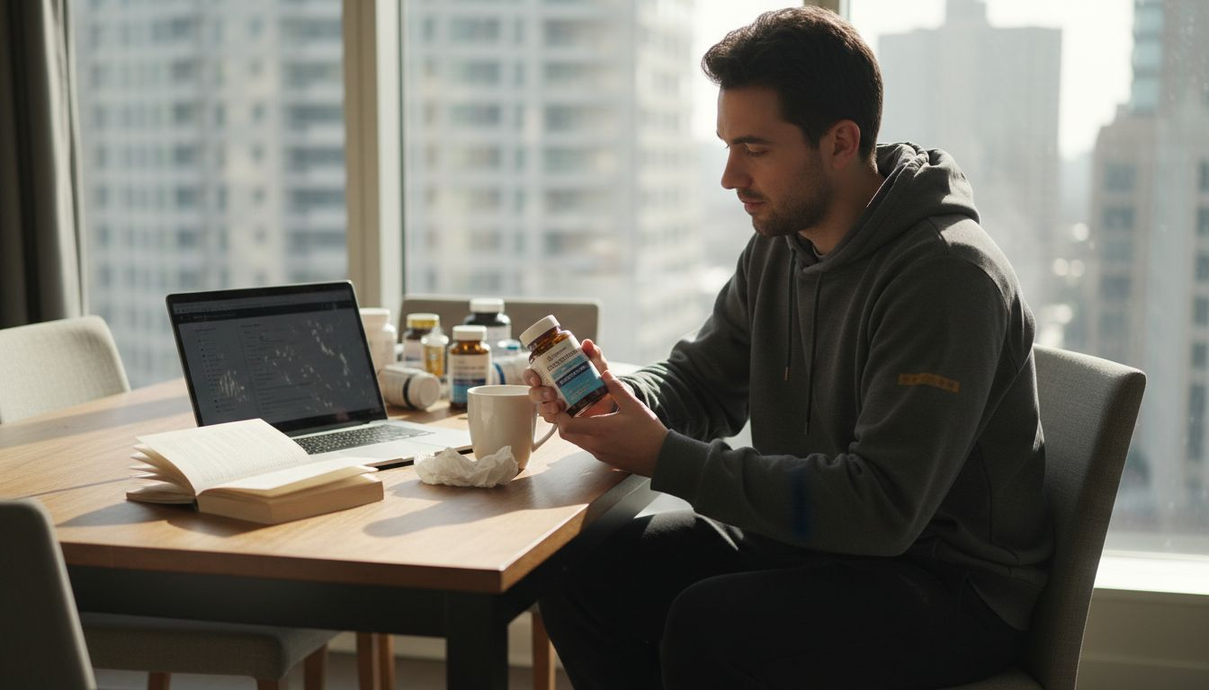 Young adult examining supplement bottle at desk