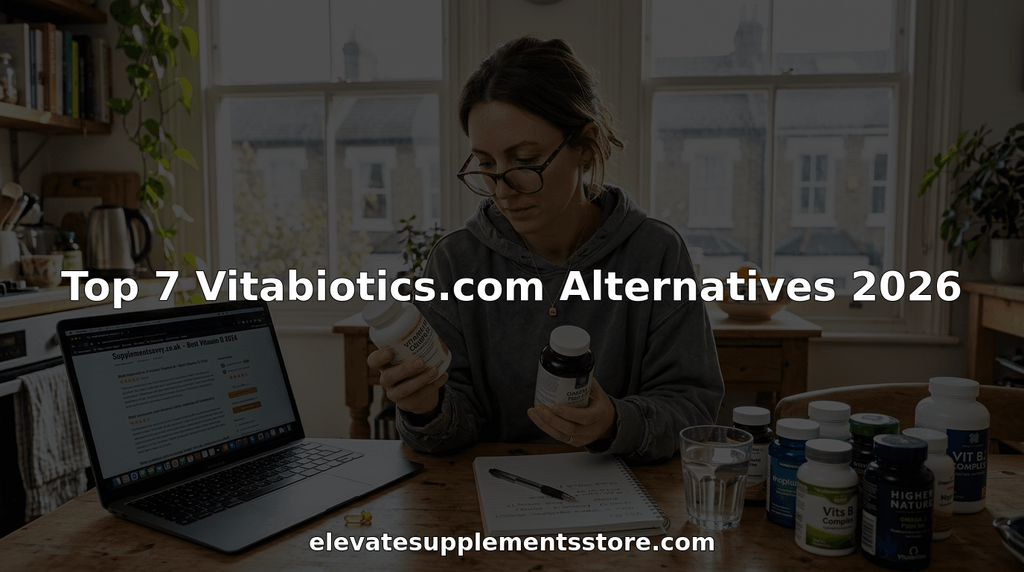 Woman comparing supplement bottles at home table