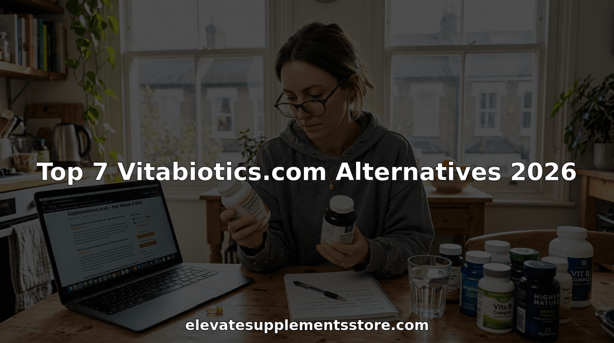 Woman comparing supplement bottles at home table