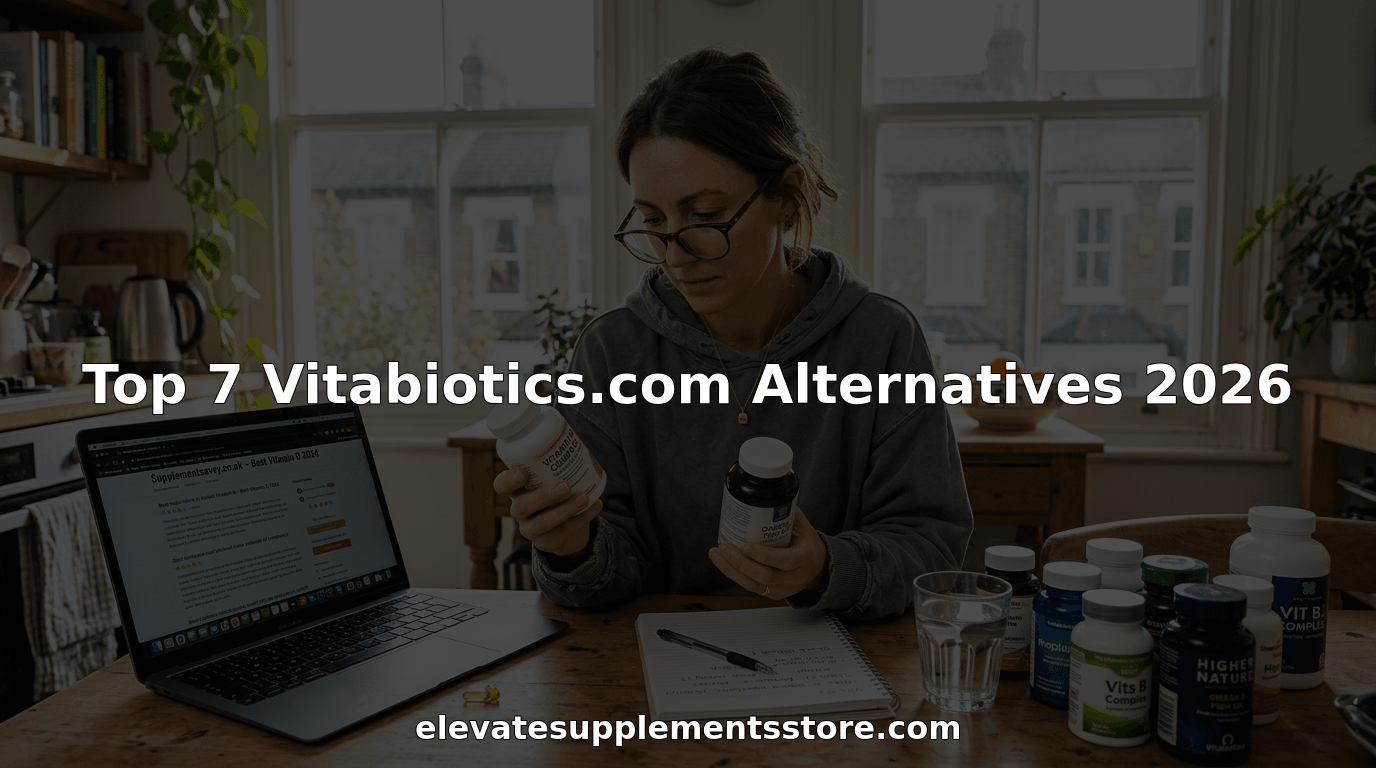 Woman comparing supplement bottles at home table