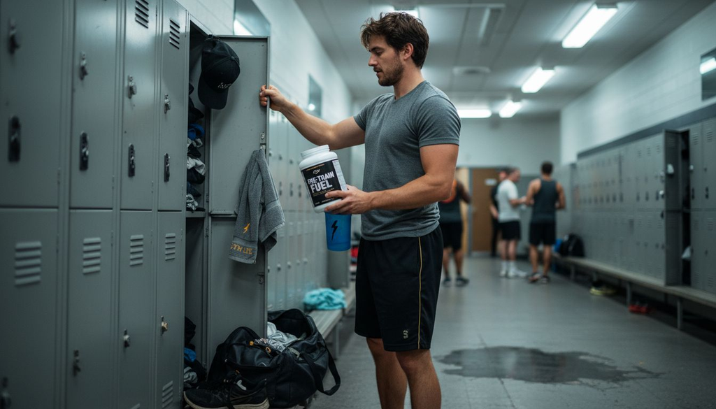 Man preparing pre-workout at gym locker