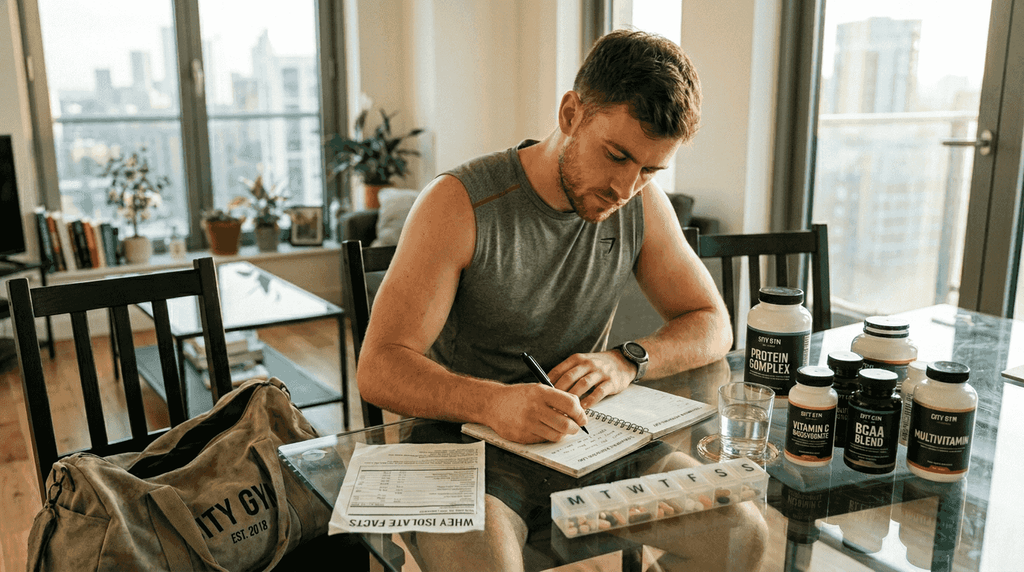 Athlete arranging supplements while planning cycle