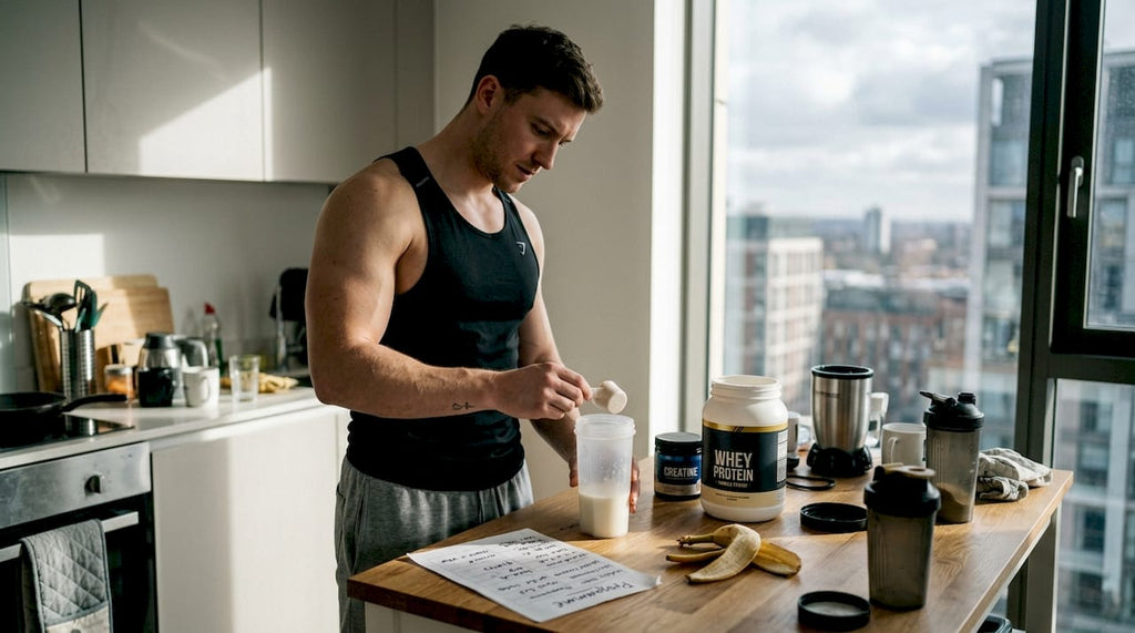 Athlete making protein shake in sunlit kitchen