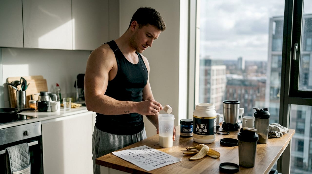 Athlete making protein shake in sunlit kitchen