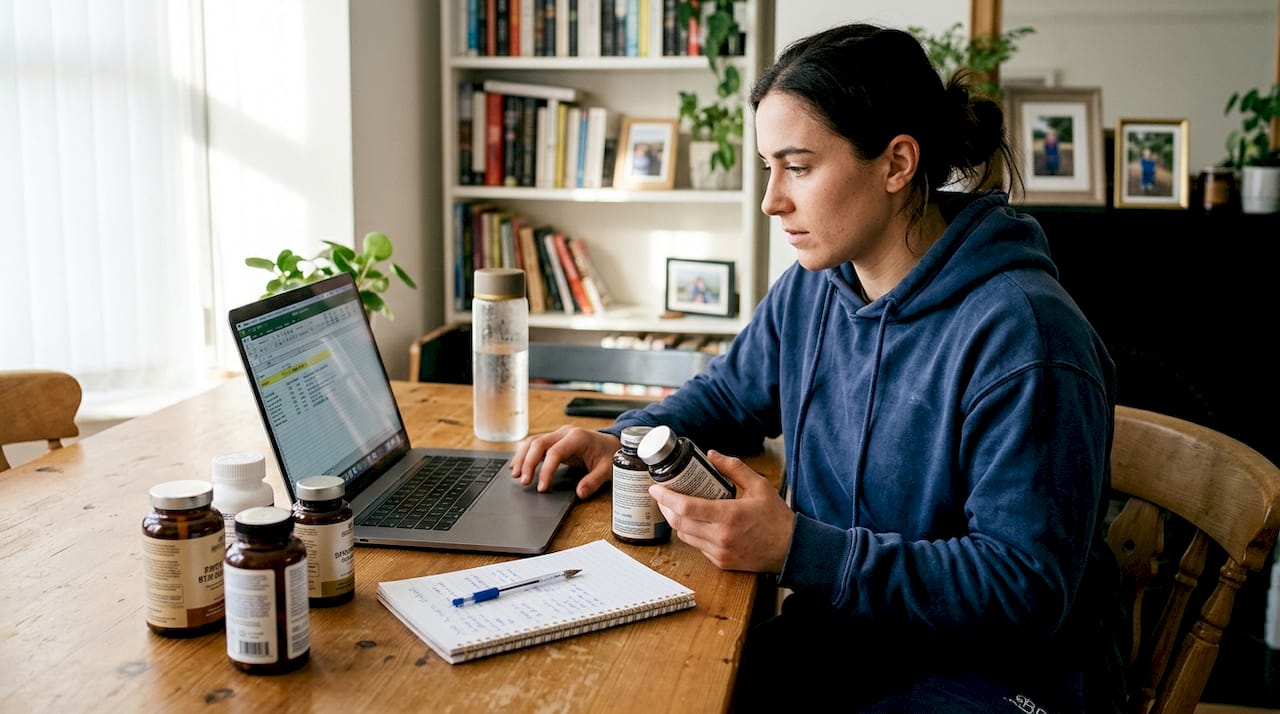 Athlete researching supplement stacks at desk