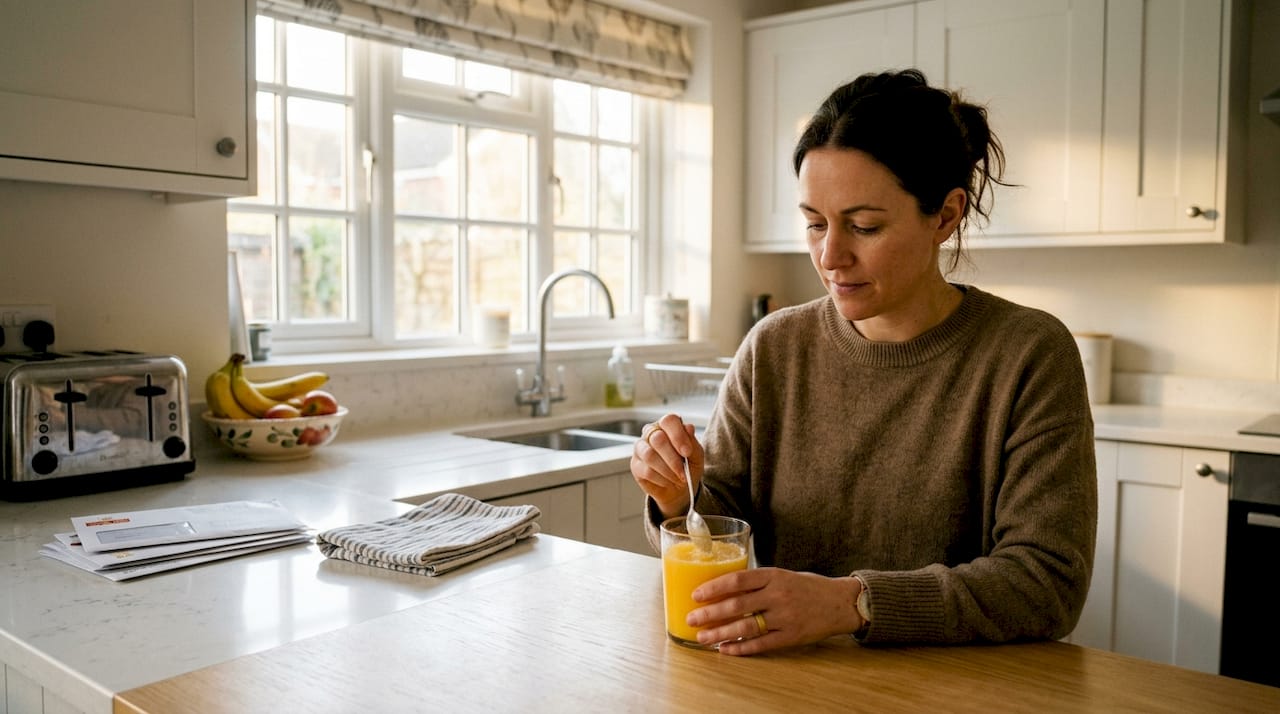 Woman mixes collagen powder in sunny kitchen