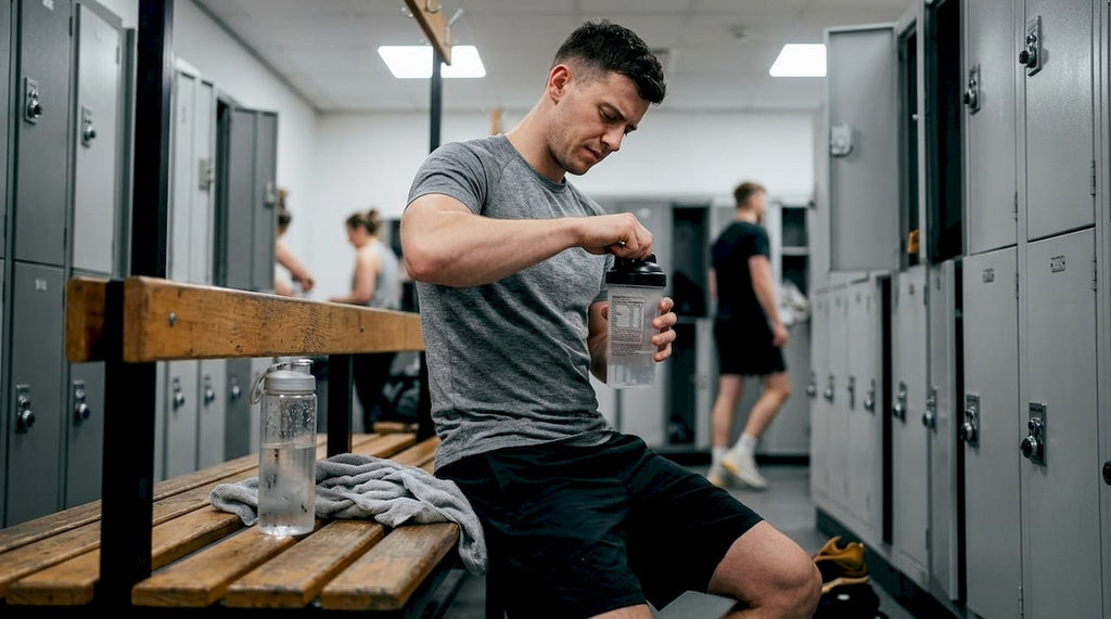 Gym-goer checks pre-workout supplement label