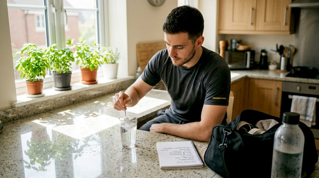 Man mixing creatine at kitchen counter