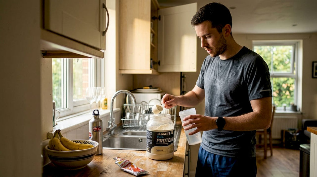 Athlete makes post-workout shake in kitchen