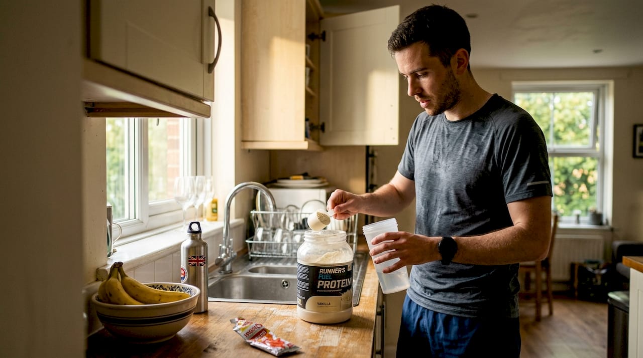 Athlete makes post-workout shake in kitchen