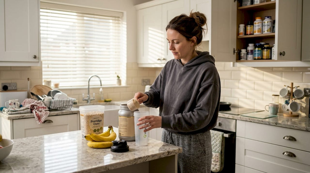 Morning supplement routine in kitchen setting