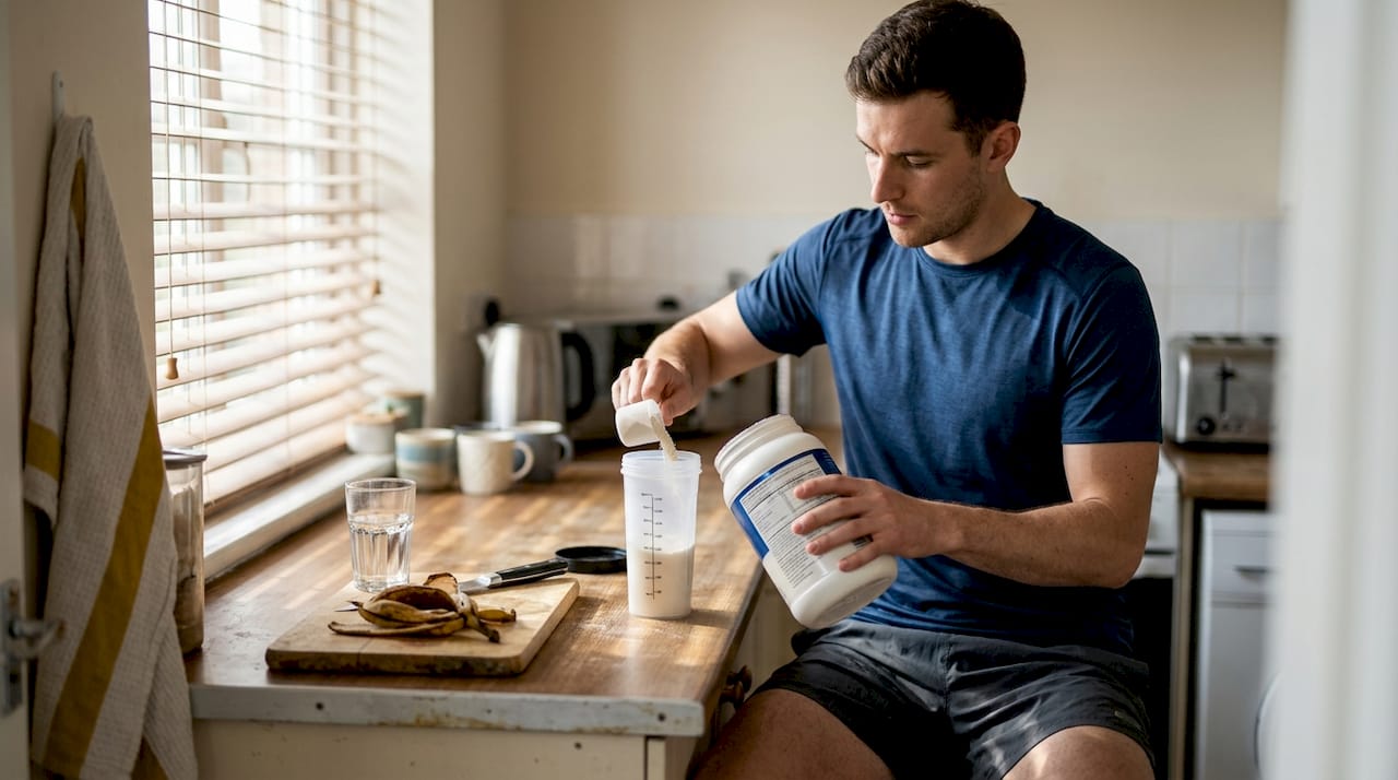 Athlete preparing protein recovery drink kitchen