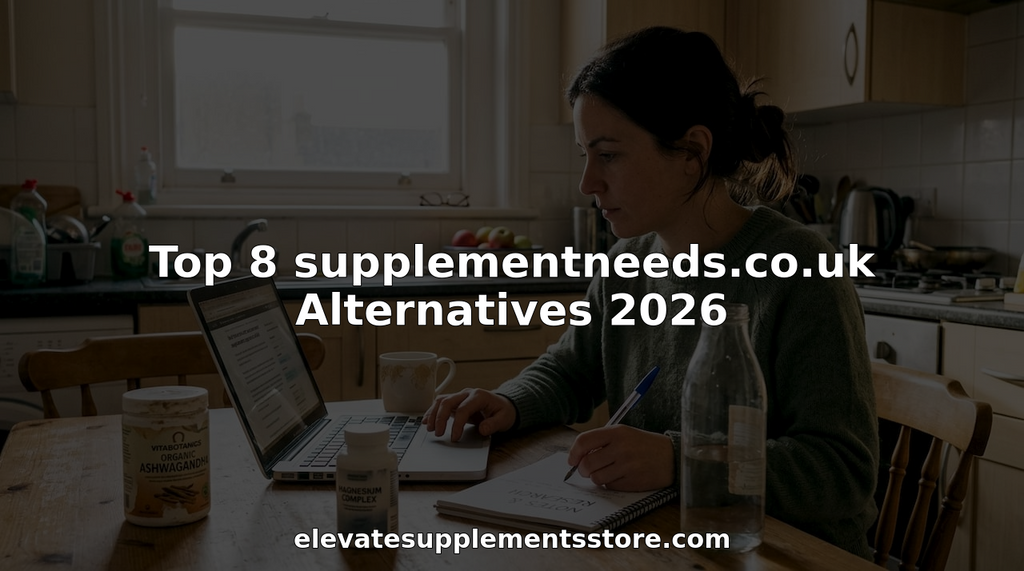 Woman researching supplement brands at kitchen table