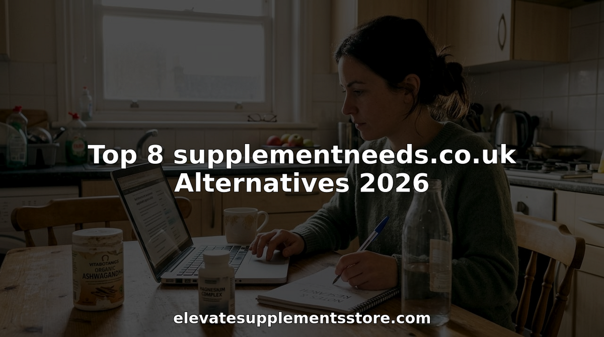 Woman researching supplement brands at kitchen table