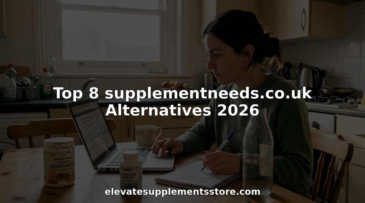 Woman researching supplement brands at kitchen table
