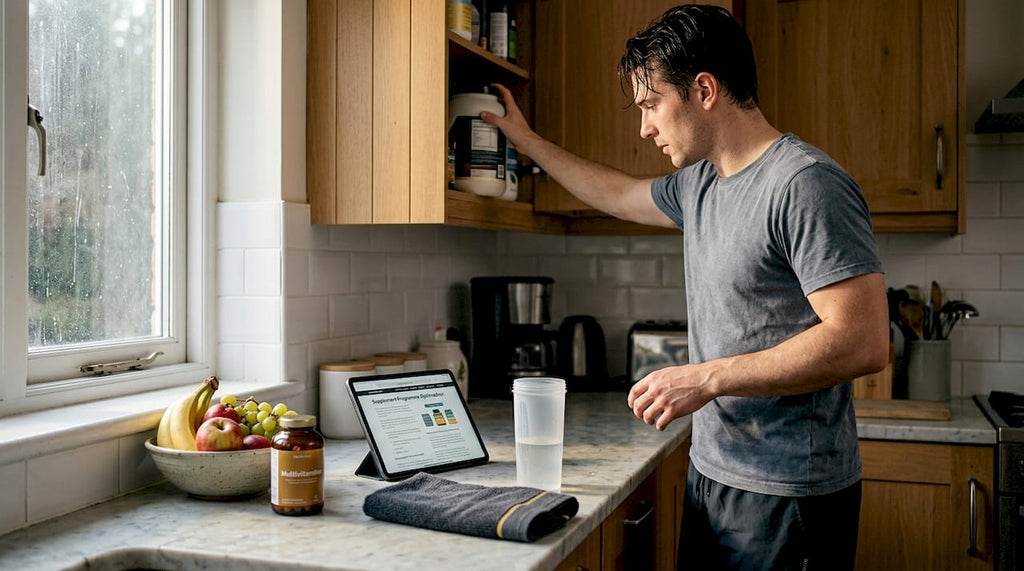 Athlete reaching for supplement in home kitchen