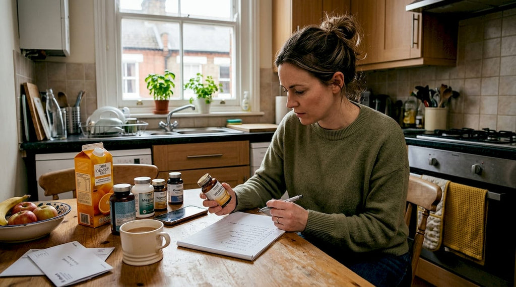 Woman checking supplement bottles at kitchen table