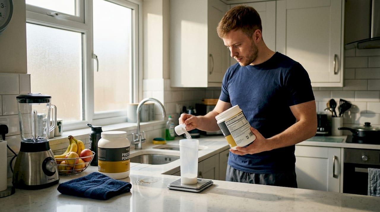 Athlete measuring supplements in home kitchen