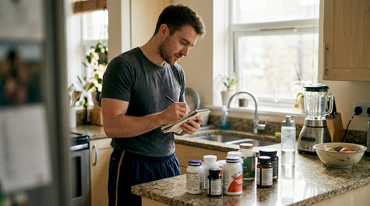 Man organizing supplements in home kitchen