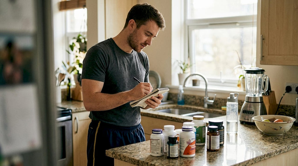 Man organizing supplements in home kitchen