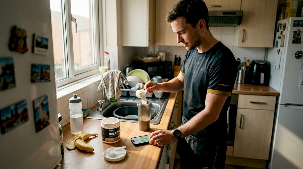 Athlete mixing supplement in home kitchen