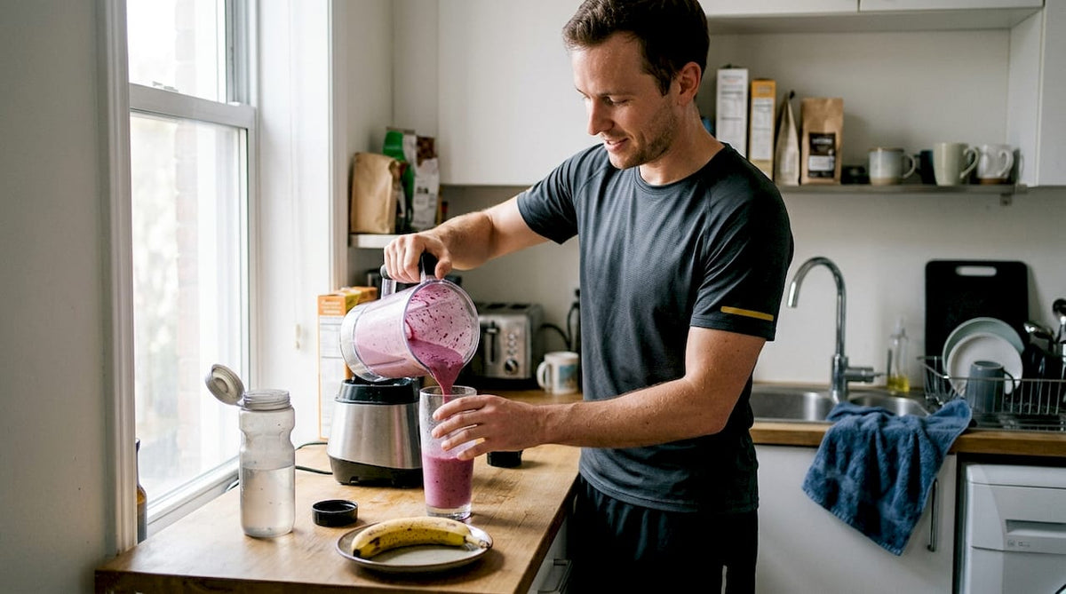 Man making smoothie after workout in kitchen