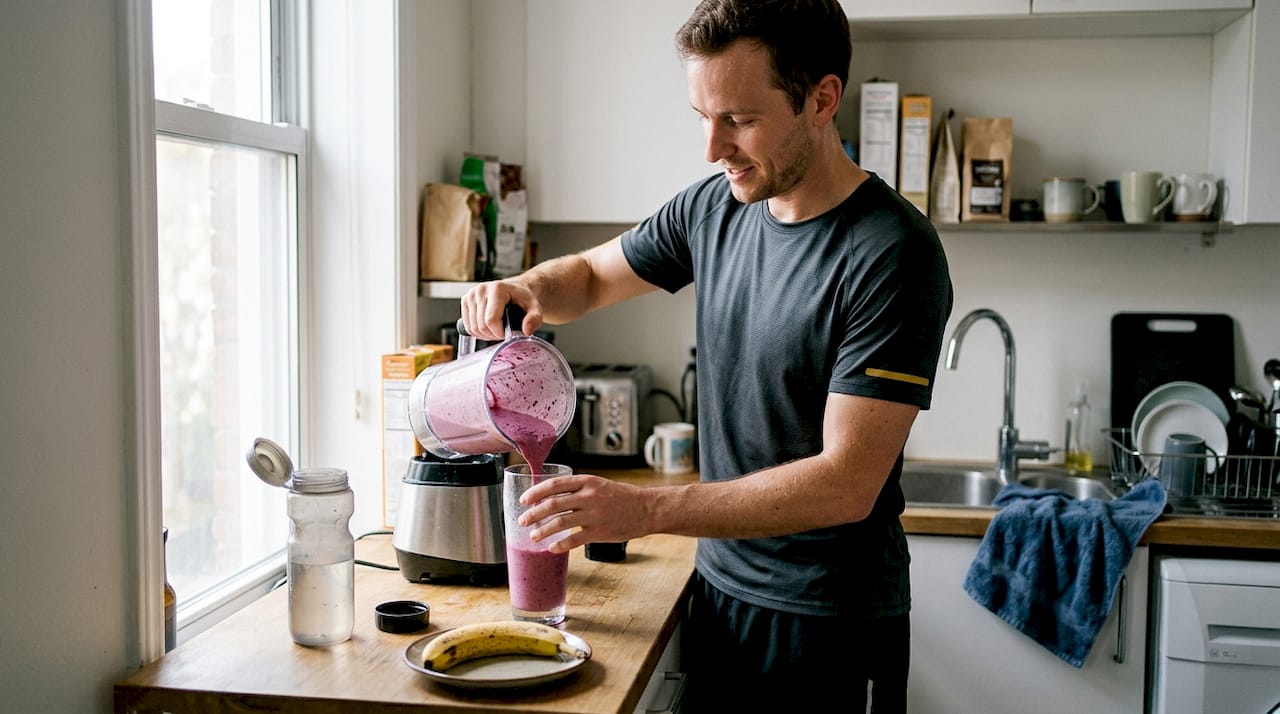 Man making smoothie after workout in kitchen