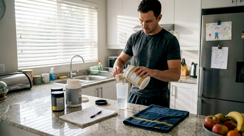 Man prepares supplements in morning kitchen