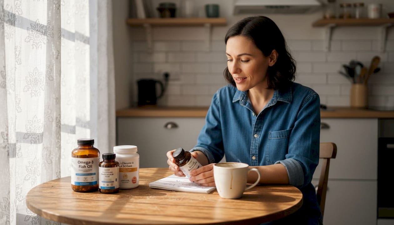 Woman reviewing cognitive supplements at kitchen table