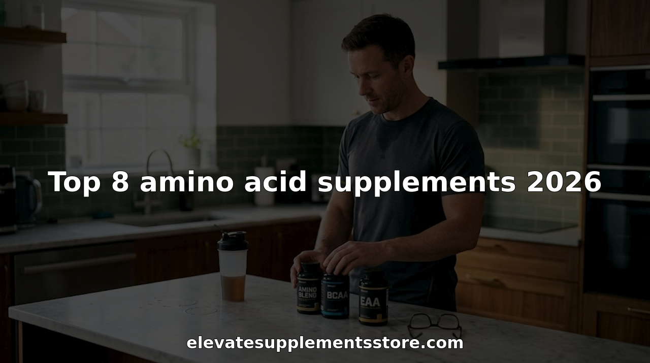 Man sorting amino acid supplements at kitchen island