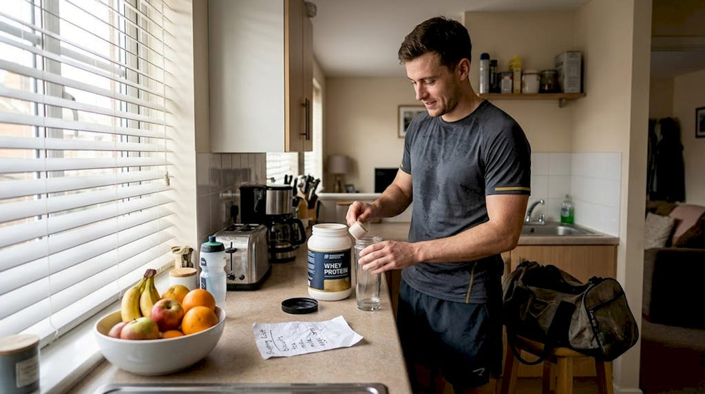 Athlete preparing daily supplements in kitchen