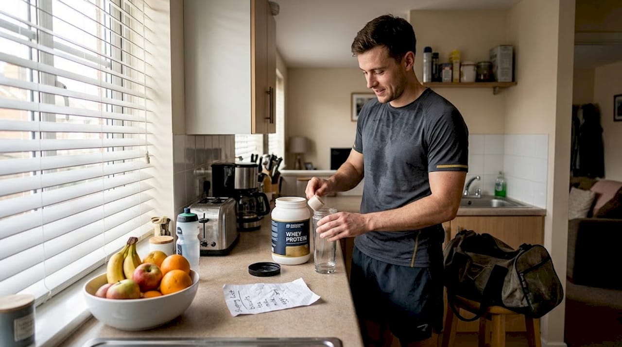 Athlete preparing daily supplements in kitchen