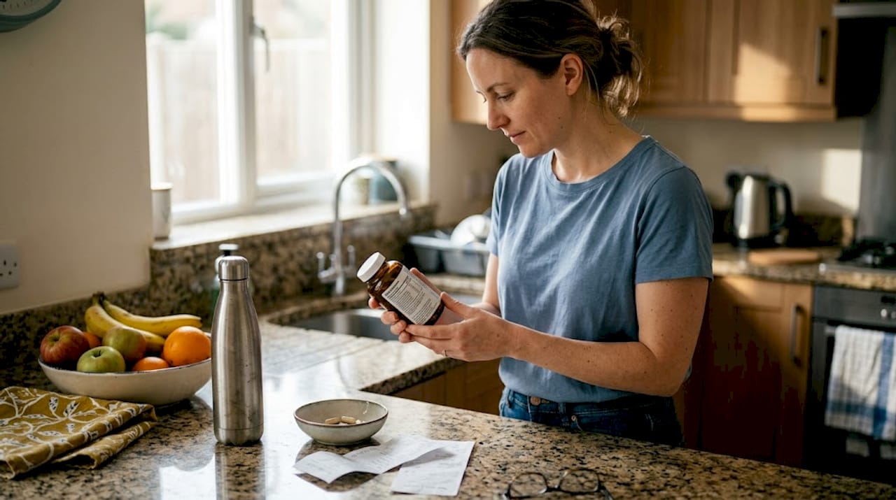 Woman reading supplement label in kitchen