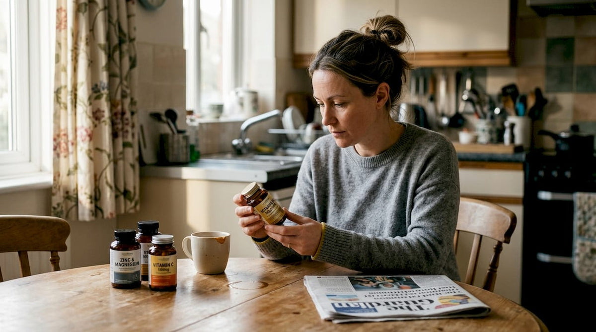 Reading supplement bottles at kitchen table