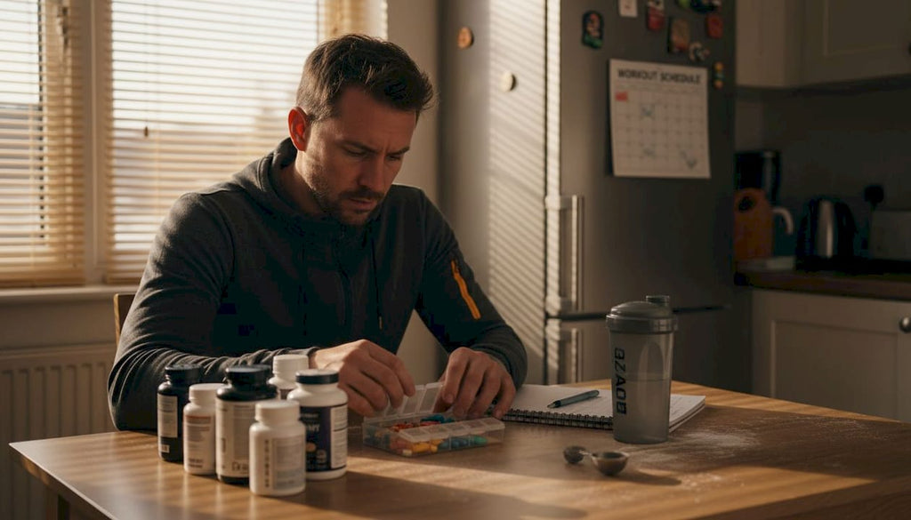 Man planning daily supplement routine in kitchen