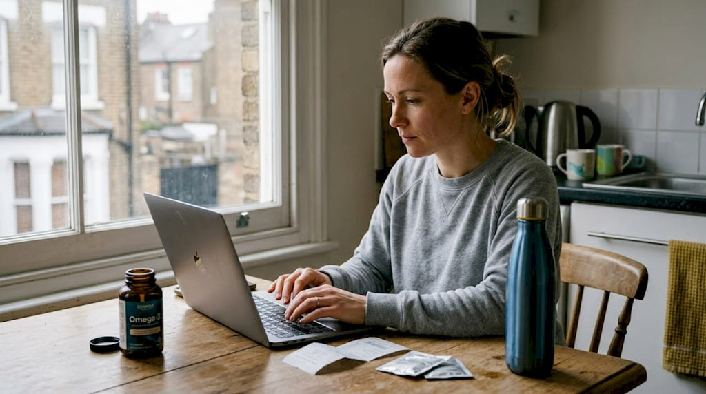 Woman checking out supplements at kitchen table