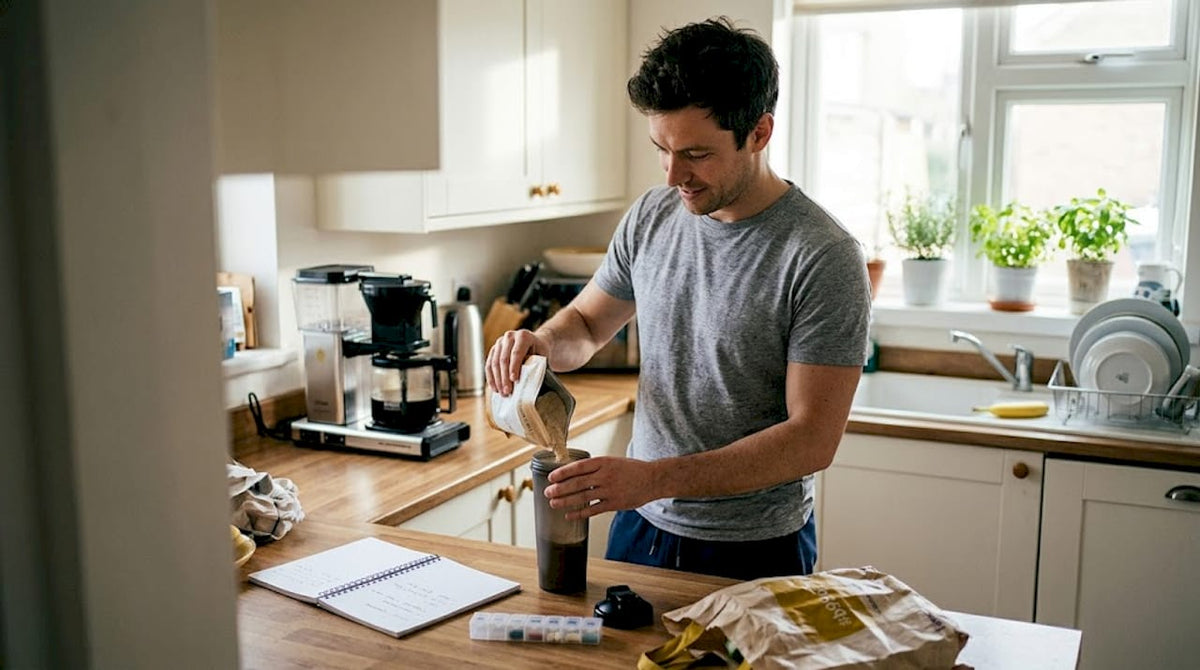 Man preparing supplements in bright kitchen