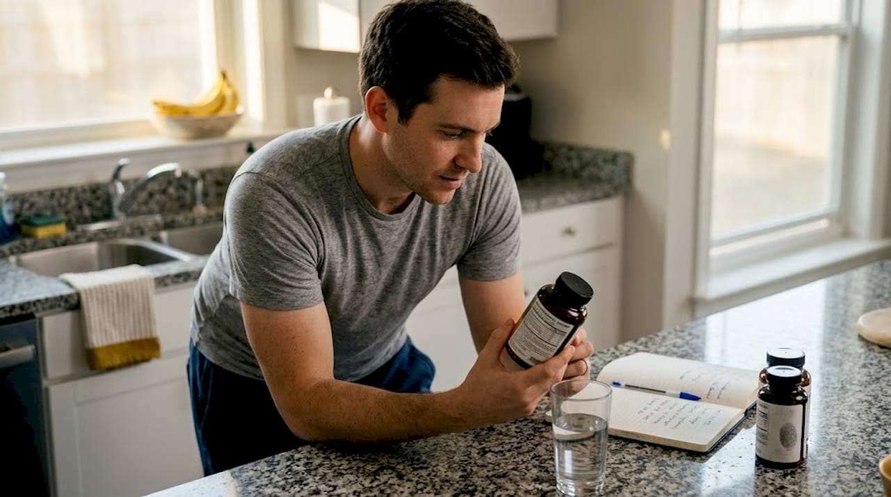 Man reading supplement label in bright kitchen